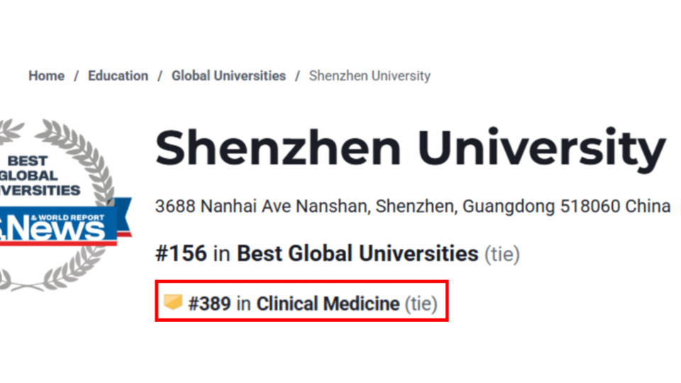 深圳大学临床医学首次进入U.S.News全球排名前500强